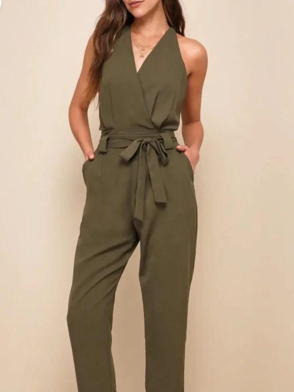 Lulu's Olive Green Sleeveless Wrap Jumpsuit size S NWT